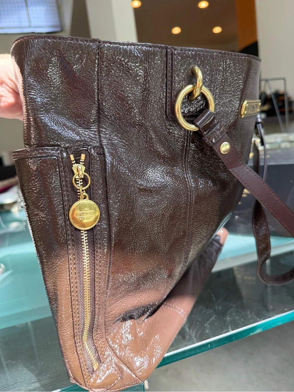 Coach Women's Patent Leather Tote - Dark Brown